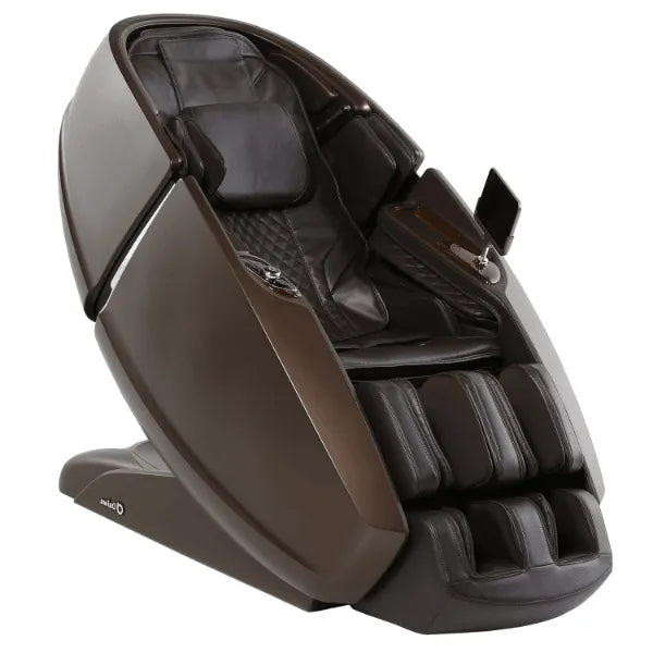 Brown Supreme Hybrid X massage chair angled front view.