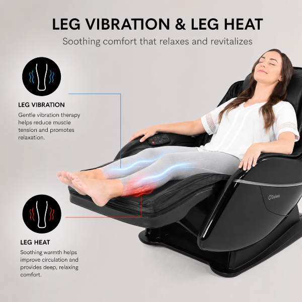 A woman reclines in a black massage chair with her legs extended, demonstrating leg vibration and leg heat features. The image includes text callouts and icons explaining the benefits of gentle vibration therapy and soothing leg heat on a light gray background.