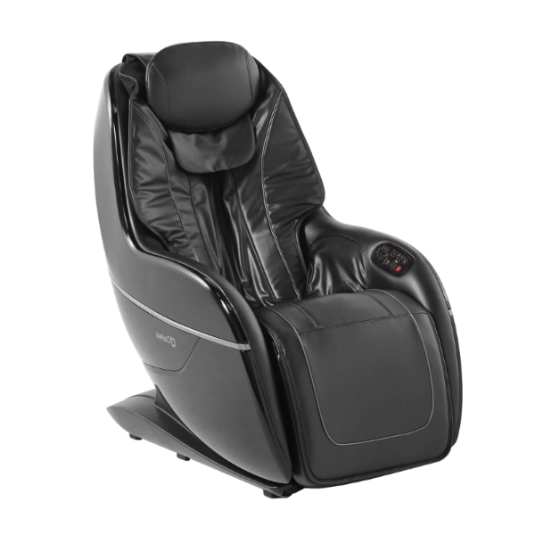 The black Daiwa Cocoon Pro massage chair with a glossy finish, featuring a headrest, lumbar support, and a small control panel on the armrest, shown against a plain white background.