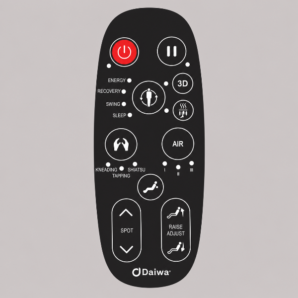 A black remote control with white icons and text, featuring a red power button and various massage mode buttons, shown on a solid gray background. The brand name 'Daiwa' is printed at the bottom.