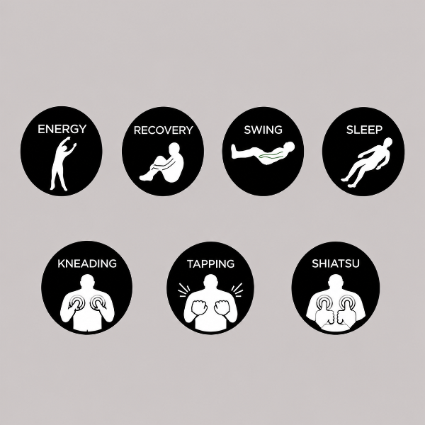 A set of eight black circular icons with white silhouettes and text labels reading ENERGY, RECOVERY, SWING, SLEEP, KNEADING, TAPPING, and SHIATSU on a light gray background.