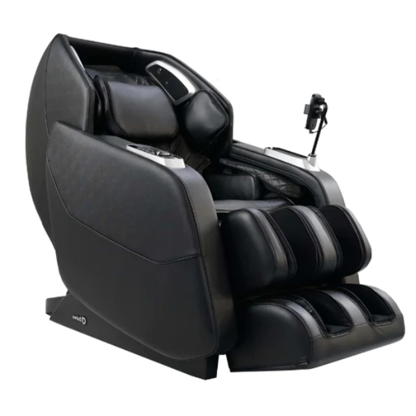 Black Daiwa Hubble Plus Massage Chair featuring a modern design with plush upholstery, ergonomic contours, and multiple massage settings. The chair includes a built-in heating function, a sleek control panel on the side, and footrests that elevate for enhanced comfort.