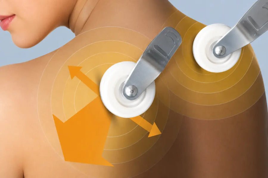 Close-up of the 3D massage rollers of the Daiwa Legacy 4 applying pressure to shoulder muscles.