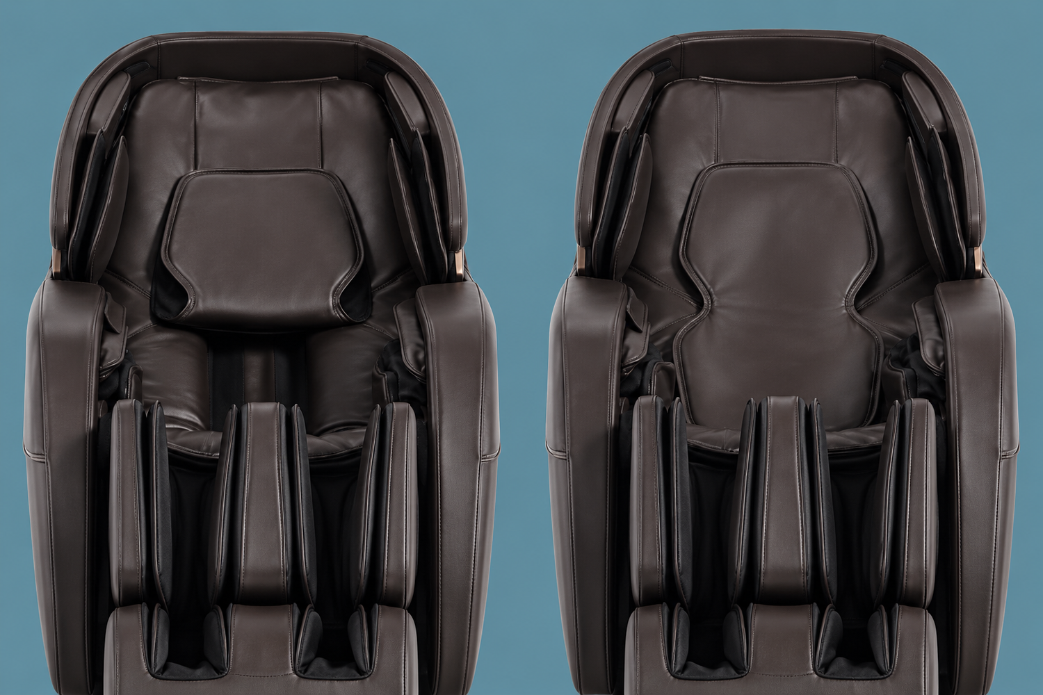 Two Daiwa Legacy 4 massage chairs shown side by side highlighting headrest design differences for the extendable pillow.