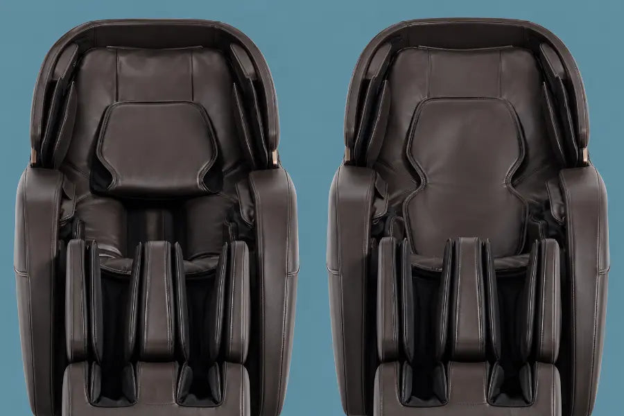 Two Daiwa Legacy 4 massage chairs shown side by side highlighting headrest design differences for the extendable pillow.