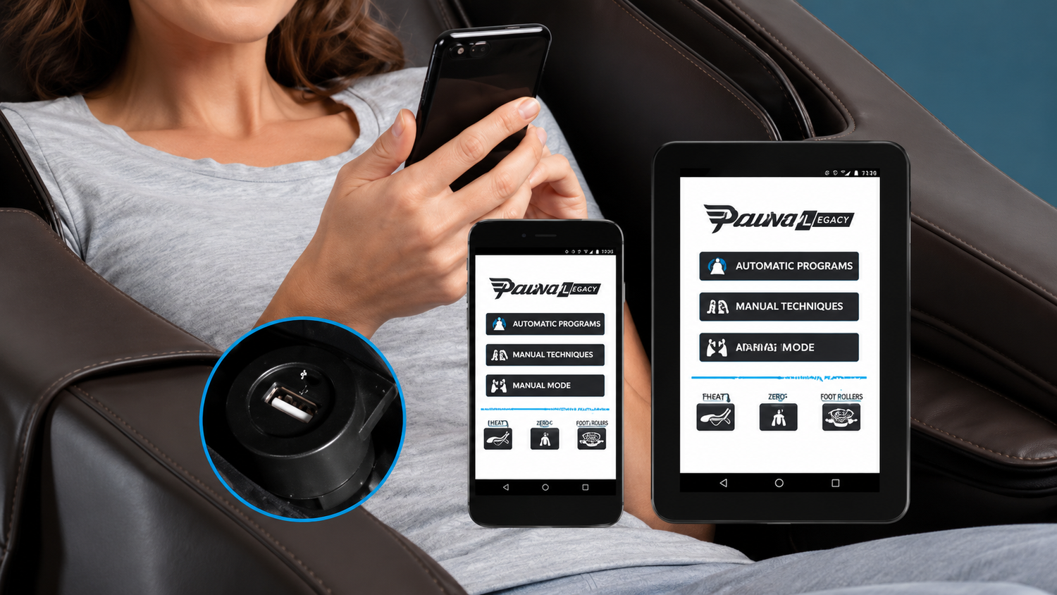 Daiwa Legacy 4 massage chair with smartphone control, tablet interface, and USB charging port.