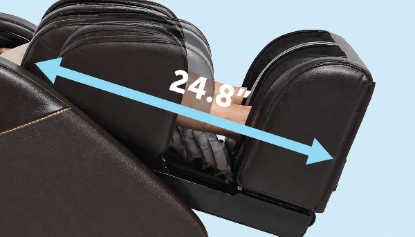 Daiwa Legacy 4 massage chair with a measurement of 24.8 inches highlighted on a light blue background for the automatic leg extension. 