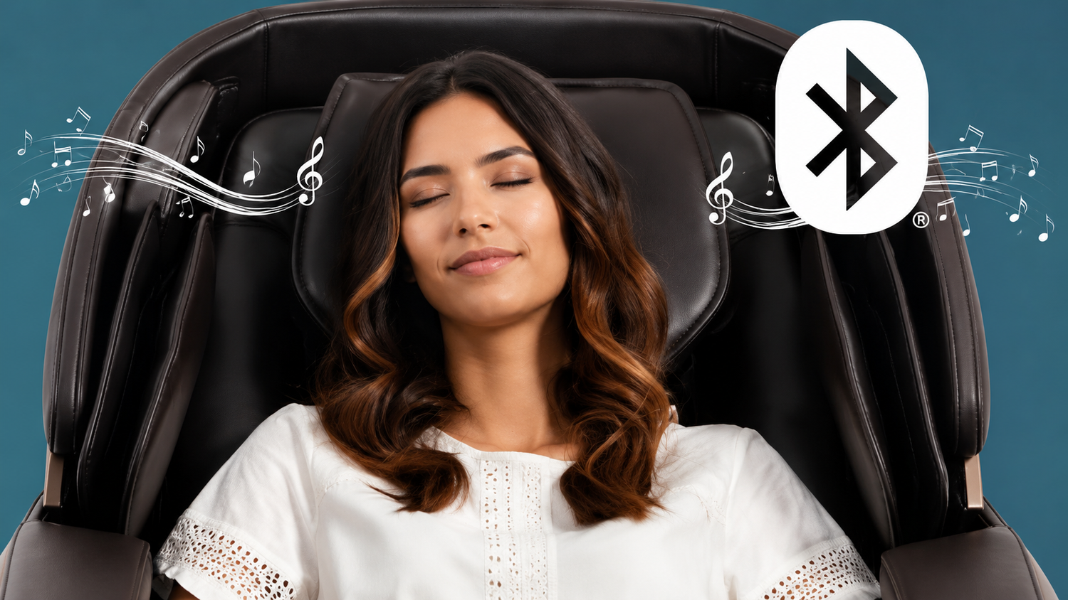 Woman relaxing in Daiwa Legacy 4 massage chair with Bluetooth surround sound speakers.