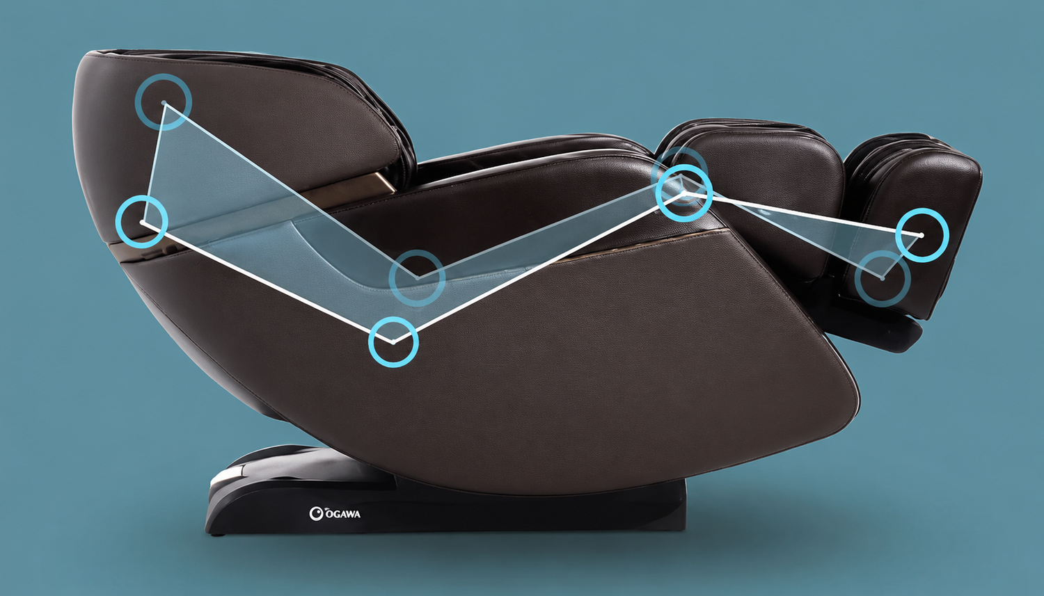 Side view of the Daiwa Legacy 4  massage chair reclining showing zero gravity position and pivot points.