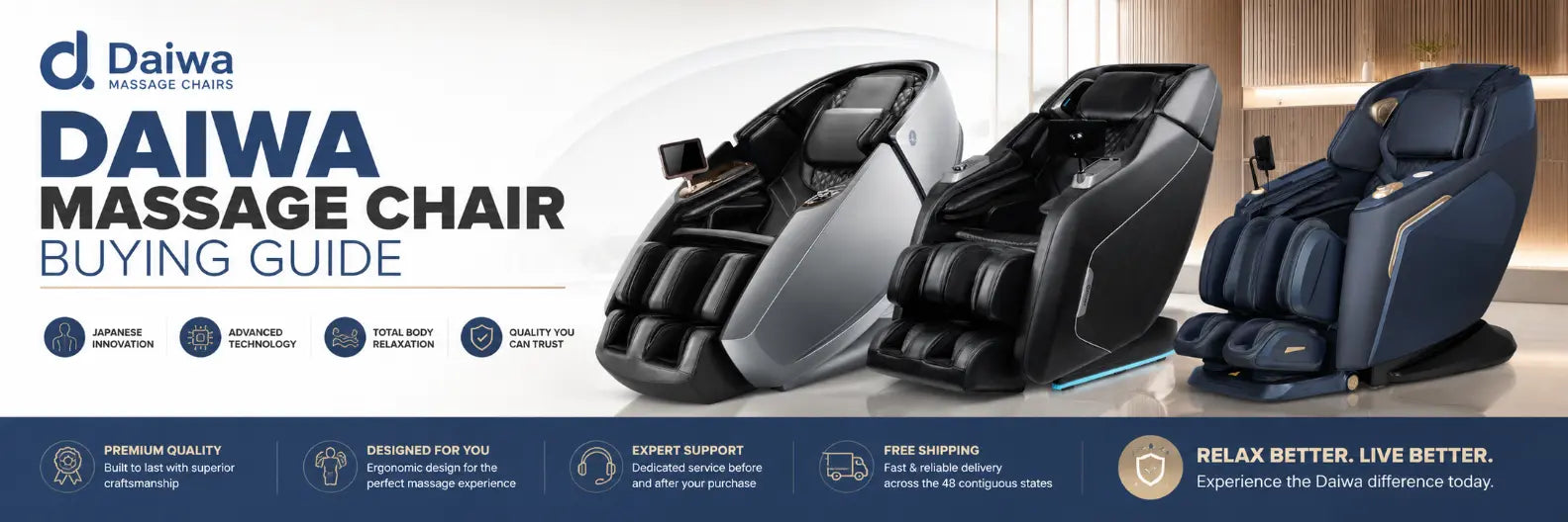 Promotional banner for a DAIwa massage chair buying guide, showing three massage chairs in dark gray, black, and navy blue against a modern interior background with DAIWA branding and feature icons.