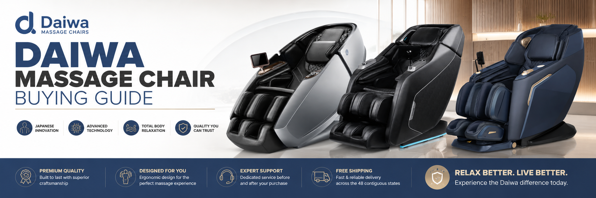 Promotional banner for a DAIwa massage chair buying guide, showing three massage chairs in dark gray, black, and navy blue against a modern interior background with DAIWA branding and feature icons.
