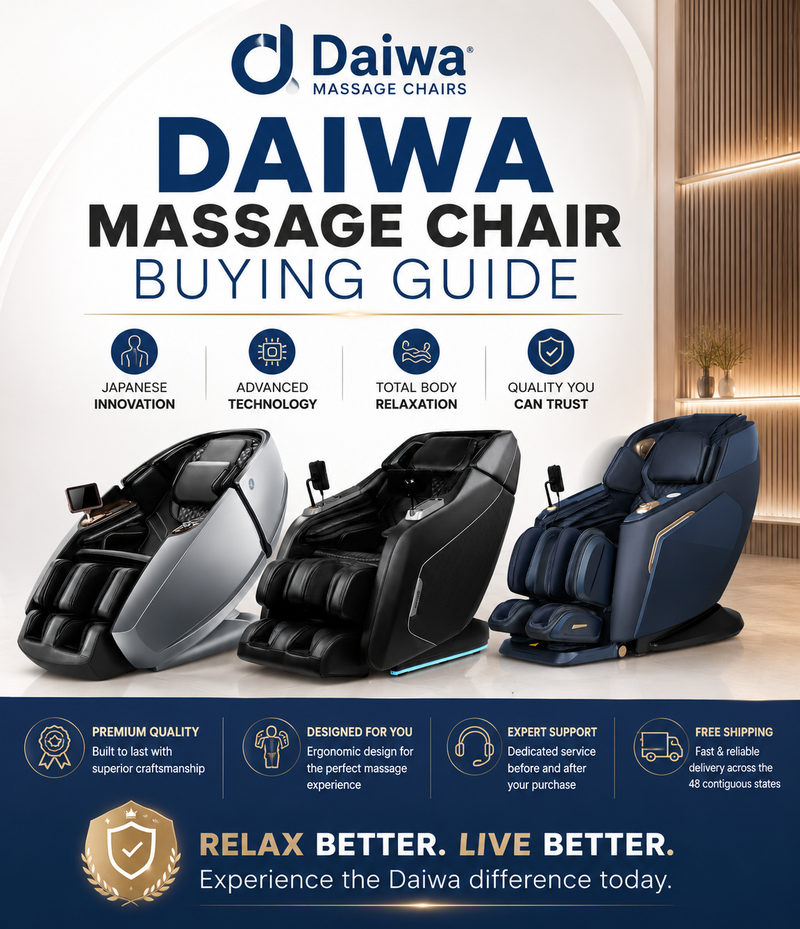 Promotional graphic for a Daiwa massage chair buying guide, showing three massage chairs in silver, black, and navy on a clean interior-style background with text callouts and branding.