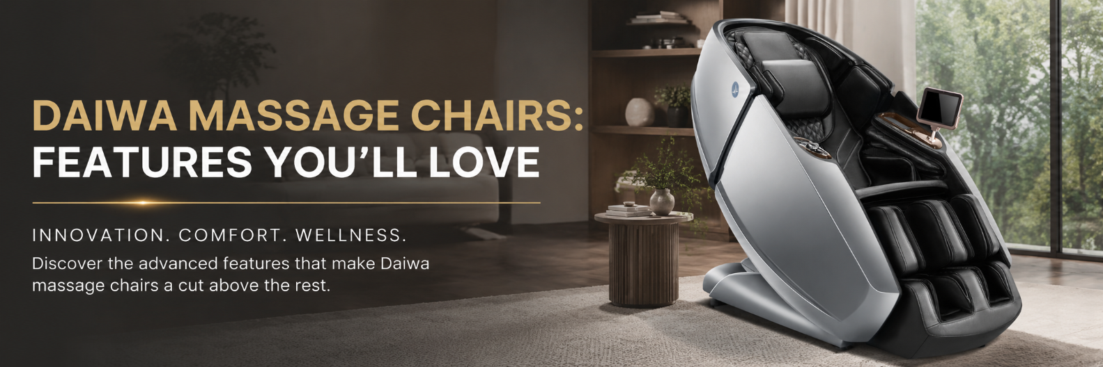 DAIWA massage chair in a modern room with text about features