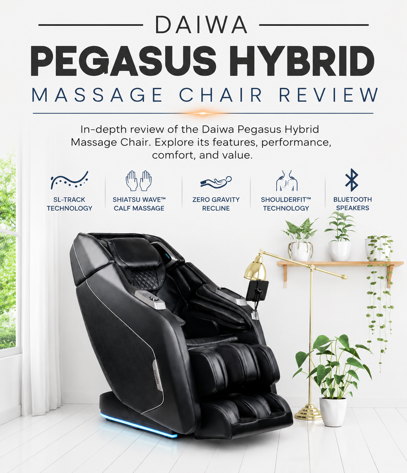 Daiwa Pegasus Hybrid massage chair in a bright contemporary room for a comprehensive review covering SL-Track technology, Shiatsu Wave™ calf massage, Zero Gravity recline, and premium comfort features.