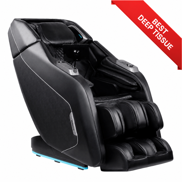 A black Daiwa Pegasus Hybrid massage chair with a headrest, armrests, and foot massaging zones, shown on a white background with a red diagonal banner that reads 'BEST DEEP TISSUE'.