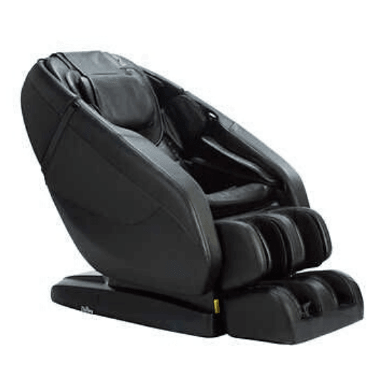 Daiwa Solace massage chair in black featuring an extended L-track massage system, full-body air compression massage, and lumbar heat therapy.