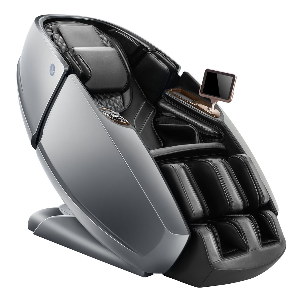 Front view of the Daiwa Supreme Hybrid X massage chair in grey, showcasing its modern design, plush upholstery, and ergonomic features that provide optimal post-workout recovery.