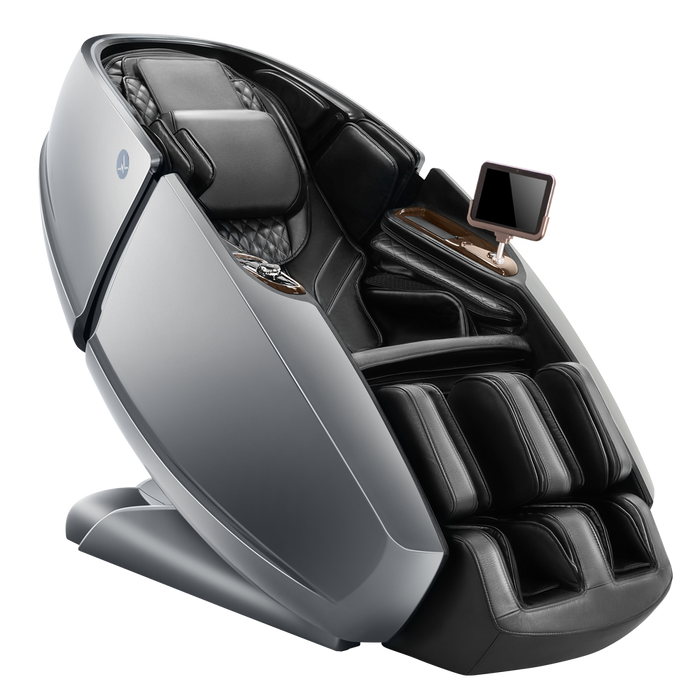 Daiwa Supreme Hybrid X 4D massage chair in Grey color Front-facing showcasing the Saffiano textured finish and the metallic hard-shell accents.