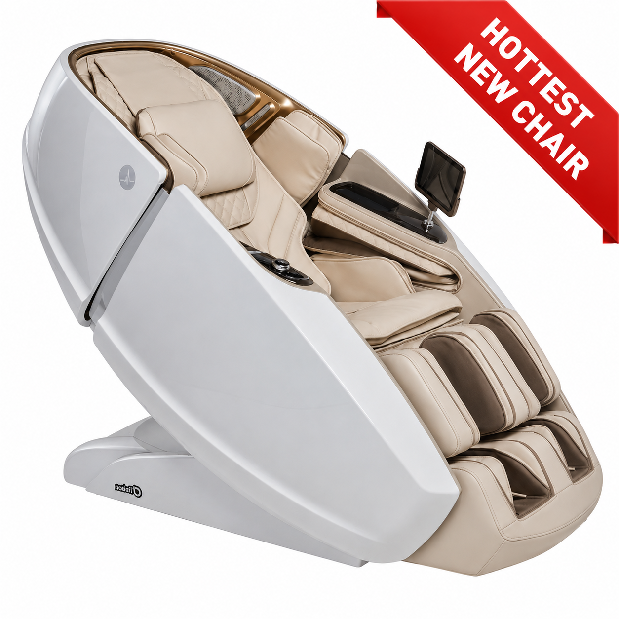 Daiwa Supreme Hybrid massage chair in beige and white with tablet controller, shown reclined with ‘Hottest New Chair’ banner.