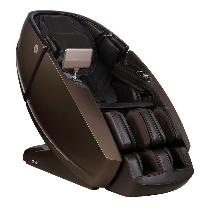 Daiwa Supreme Hybrid X 4D massage chair in Chocolate Brown, front-angled view showing the luxurious dark interior with metallic accents.