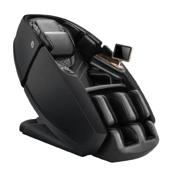Daiwa Supreme Hybrid X massage chair demonstrating its full-body stretch with a dual-track design that extends the spine while supporting the legs and shoulders. 
