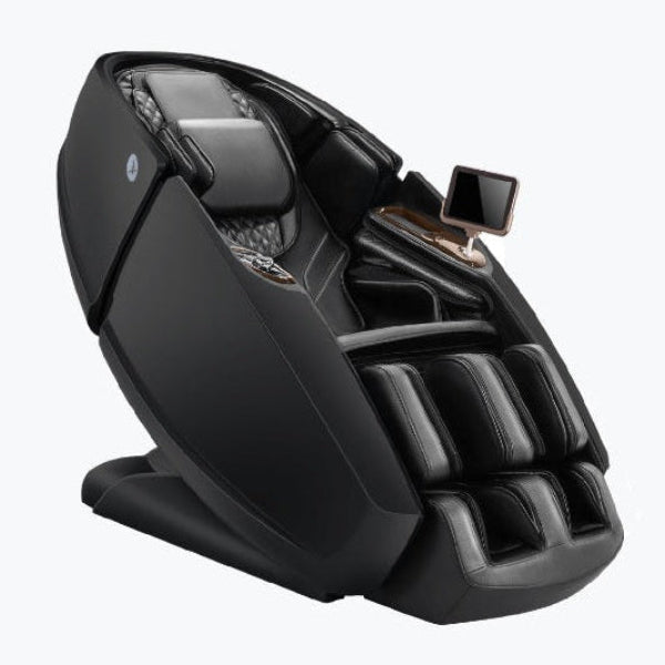 Full-view of the Daiwa Supreme Hybrid X massage chair in grey, showcasing its modern canopy design and advanced hybrid multi-stroke roller tracks for full-body therapy.