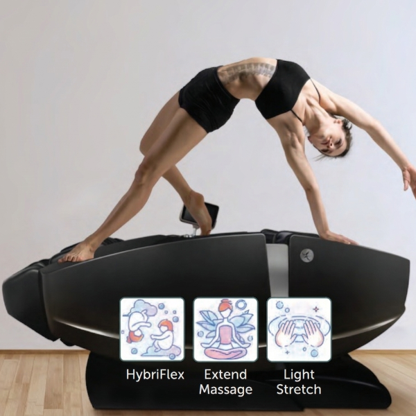 Person demonstrating a deep back stretch over the Daiwa Supreme Hybrid X massage chair, highlighting the HybriFlex™, Extend Massage, and Light Stretch programs designed for full-body stretching and flexibility.