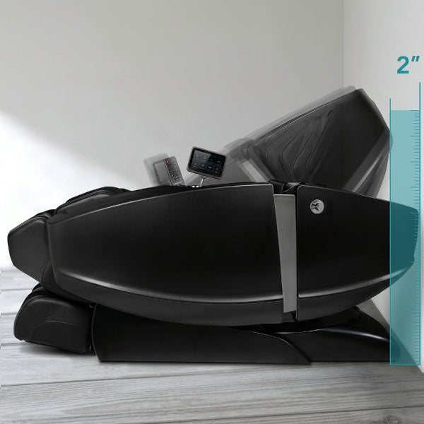 Daiwa Supreme Hybrid X massage chair in a fully reclined position, demonstrating its wall hugger design that allows full recline just 2 inches from the wall.