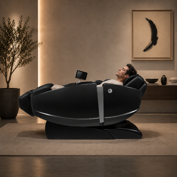 Person enjoying a full-body massage in the Daiwa Supreme Hybrid X zero gravity massage chair with luxury modern home decor.