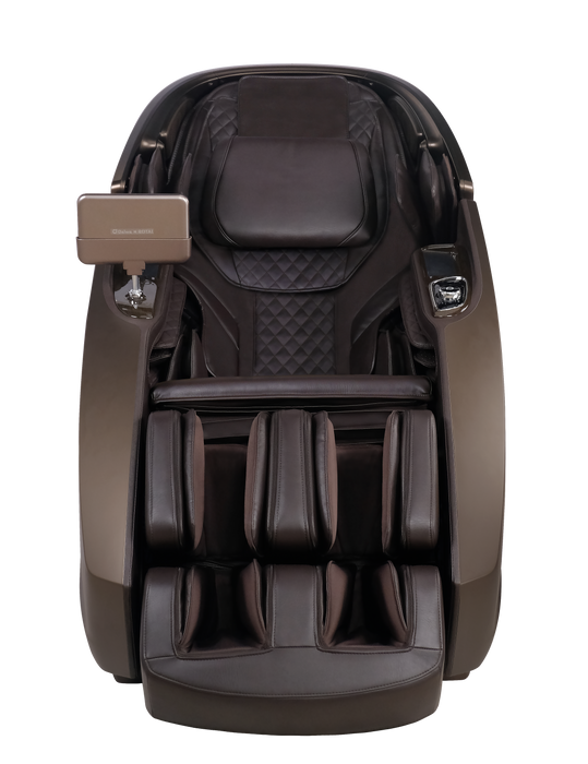 The brown Daiwa Supreme Hybrid X in a Deep Zero Gravity recline, showcasing the extreme 165-degree tilt designed to minimize spinal pressure and improve circulation.