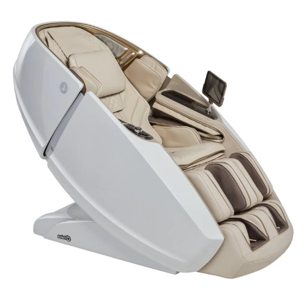 Daiwa Supreme Hybrid X 4D massage chair in Cream, angled front view showcasing the light-colored interior and metallic accents.