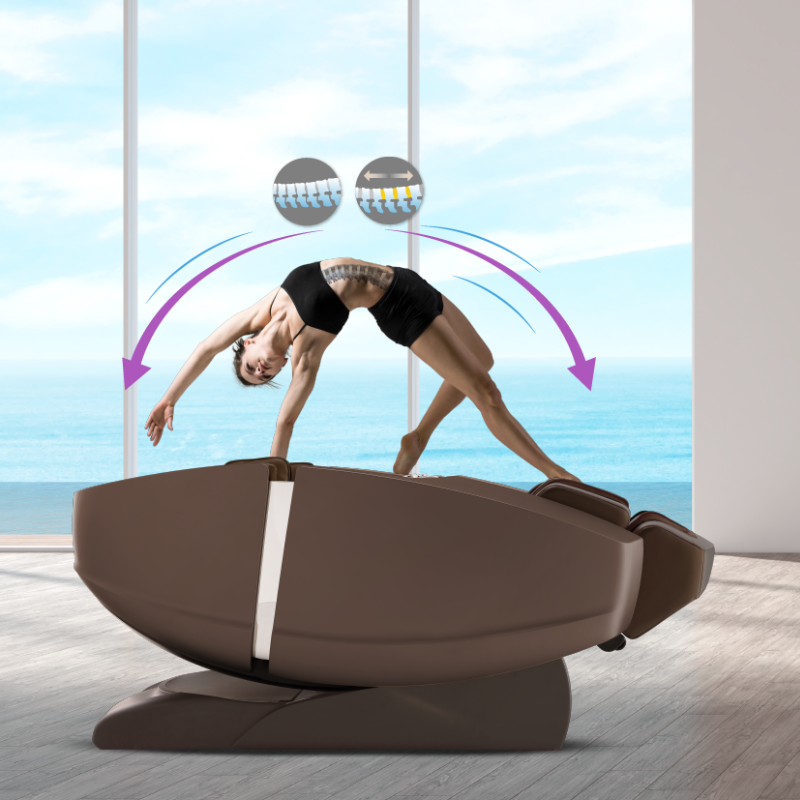 Massage chair in stretch mode gently pulling and elongating the user’s body to relieve tension and decompress the spine.