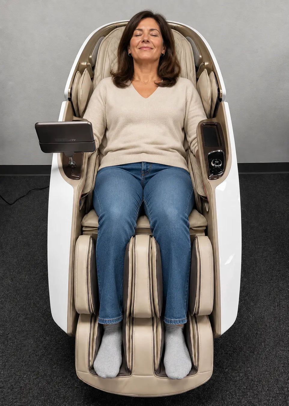 Person enjoying a deep tissue massage in the Daiwa Supreme Hybrid X massage chair at The Modern Back's Columbia, Maryland showroom.
