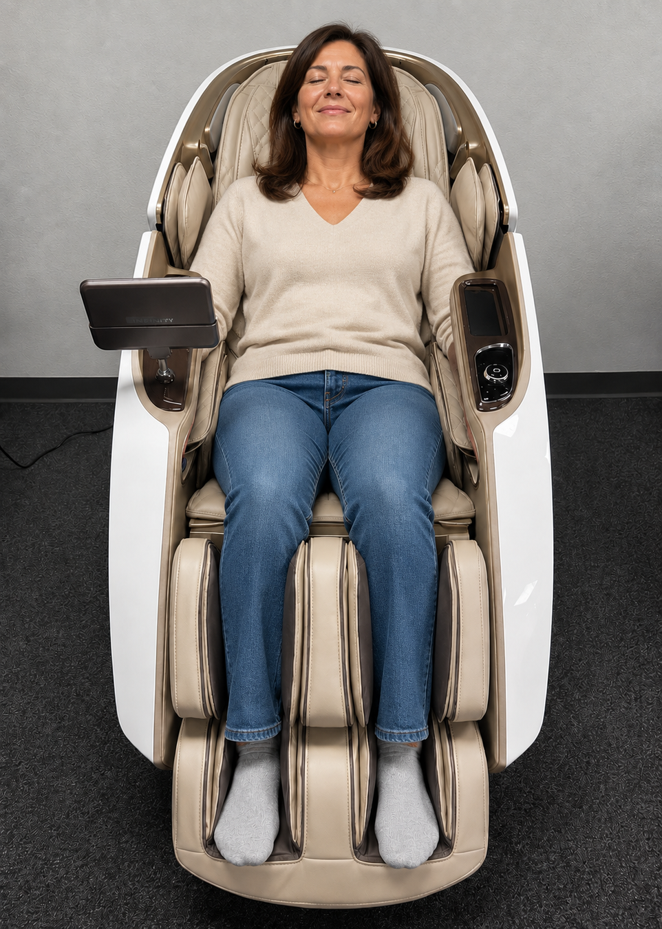 Person enjoying a deep tissue massage in the Daiwa Supreme Hybrid X massage chair at The Modern Back's Columbia, Maryland showroom.