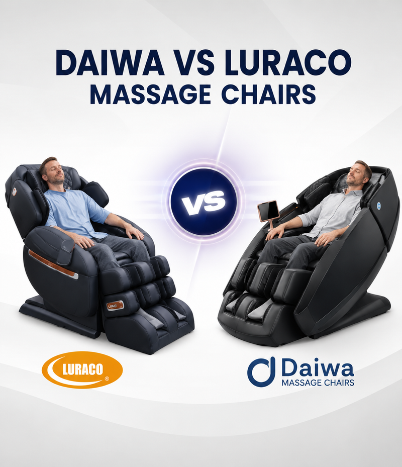 Daiwa vs. Luraco massage chairs comparison highlighting advanced massage technology, customizable features, deep tissue therapy, and full-body wellness benefits to help you choose the best massage chair.