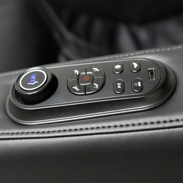 Close-up of Daiwa iLift massage chair armrest quick access controls for adjusting massage settings