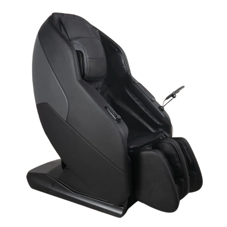 Front view of the black Daiwa iLift massage chair with built-in lift-assist seat, sleek black finish and extended leg rest.
