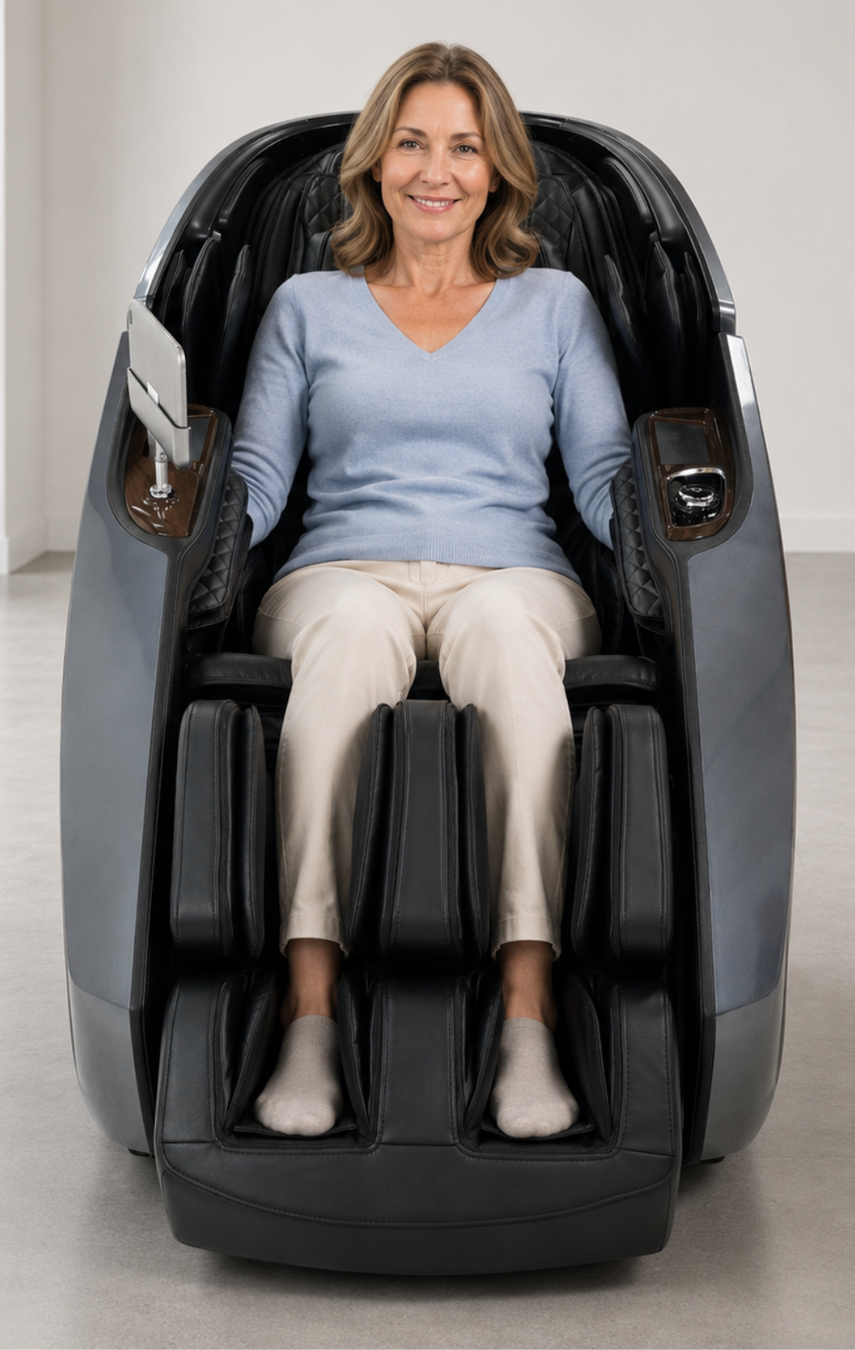 Middle-aged woman enjoying a massage in the gray Daiwa Supreme Hybrid X massage chair in a modern minimalist room.