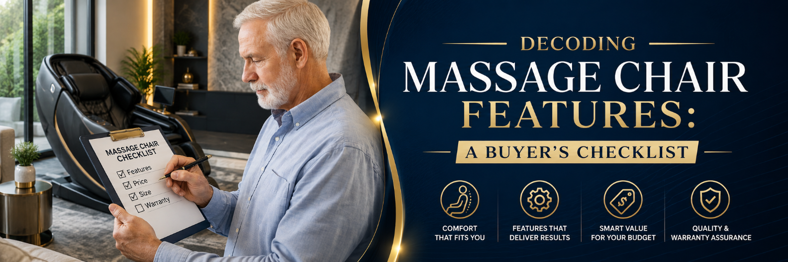 A promotional banner for massage chairs. On the left, a man in a blue shirt is shown sitting in a black massage chair and writing on a checklist.