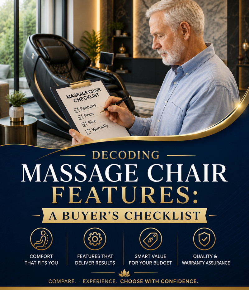 Promotional graphic for a massage chair featuring a man in a home setting holding a 'Massage Chair Checklist' next to a black massage chair, with a dark blue lower section containing text and feature icons.