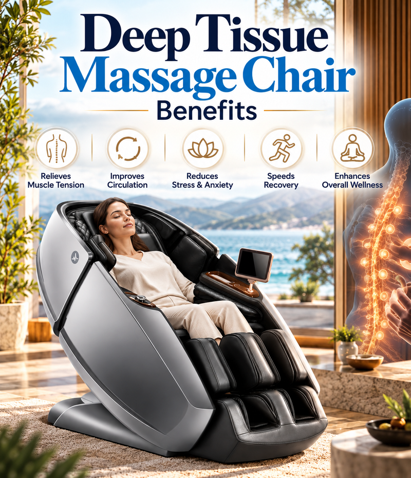 Woman relaxing in a deep tissue massage chair for muscle relief, circulation and recovery.