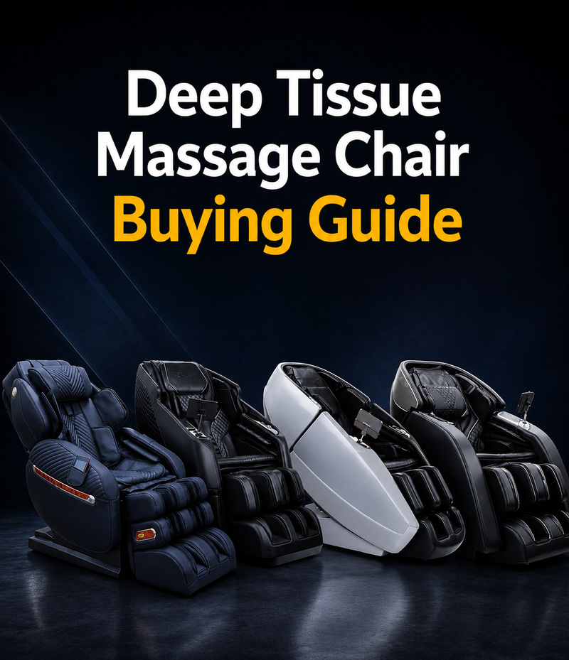 2026 Deep Tissue Massage Chair Buying Guide featuring a premium massage chair with information on 4D rollers, track length, body scanning, and how to choose a chair that delivers a true deep tissue massage.