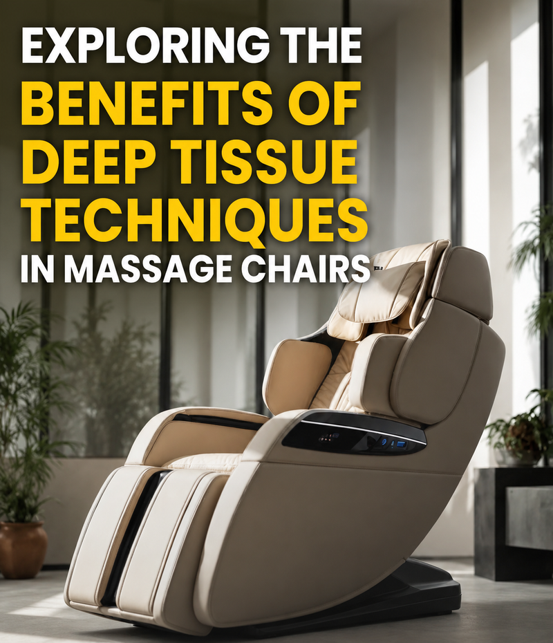 Massage chair with text about deep tissue techniques in a modern room setting