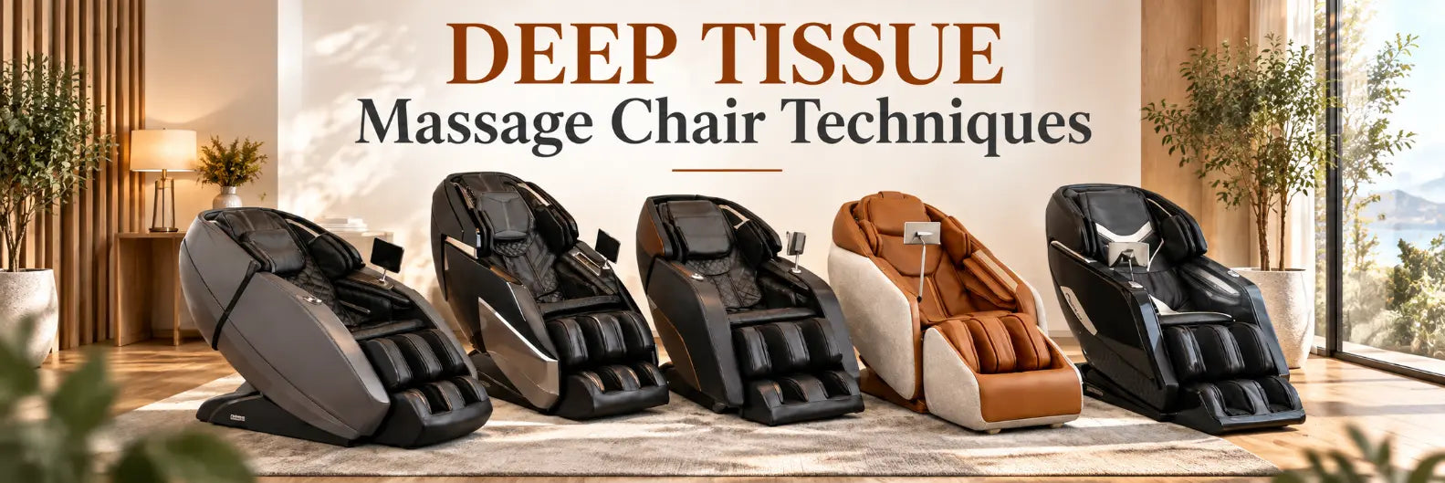 Row of deep tissue massage chairs in a room with a neutral color scheme.