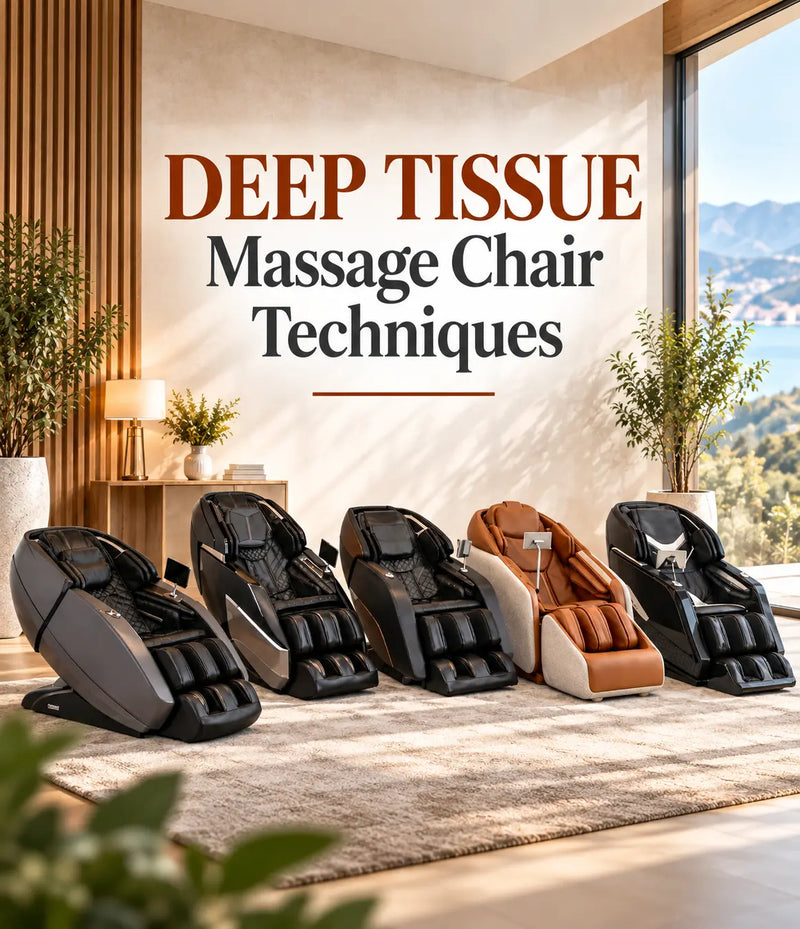 Premium deep tissue massage chairs in a modern showroom highlighting massage chair techniques.
