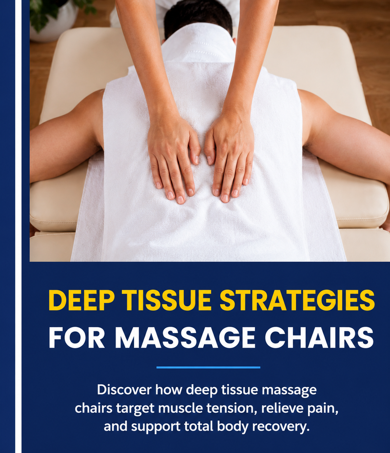 Person receiving a deep tissue massage on a massage chair with text about deep tissue strategies for massage chairs.