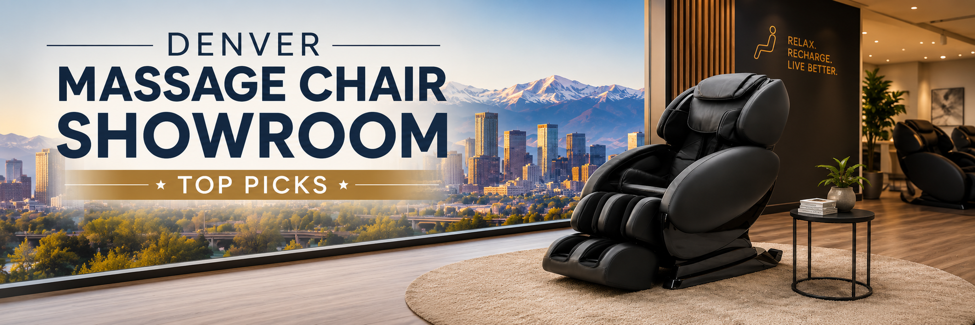Denver Massage Chair Showroom featuring the Daiwa Supreme Hybrid X, Relax2Zero, and Hubble Plus luxury massage chairs available for in-store testing in Colorado.