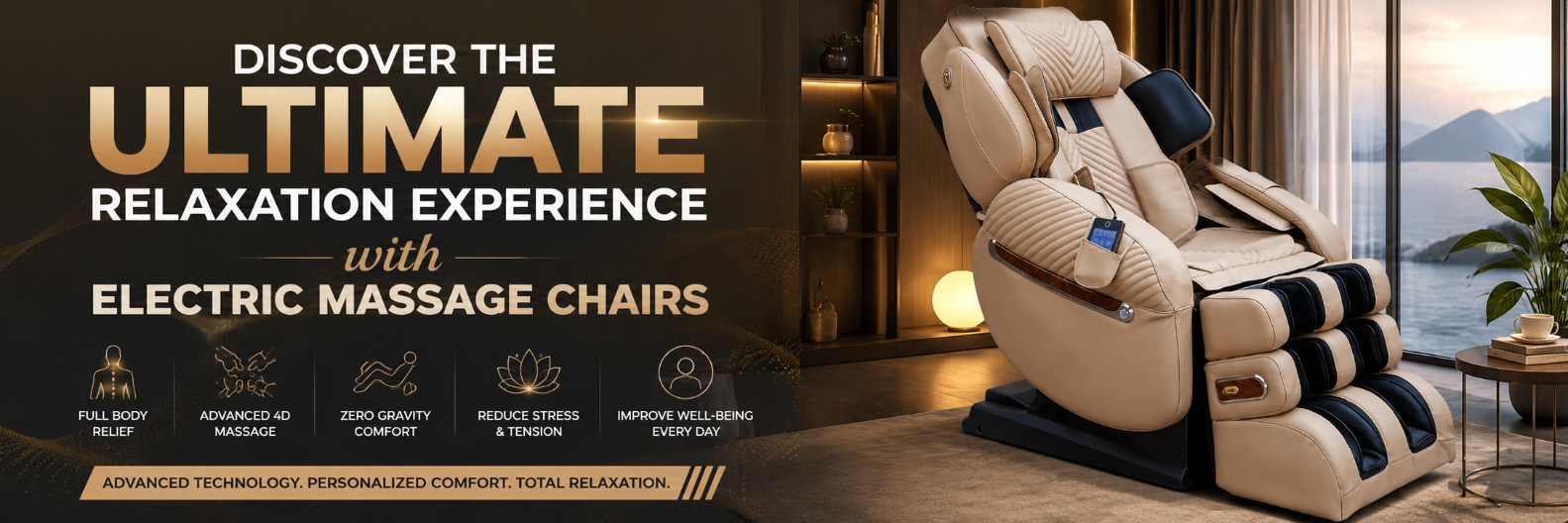 Discover the Ultimate Relaxation Experience with Electric Massage Chairs banner featuring a luxury electric massage chair with 4D massage, zero gravity recline, and full-body relaxation features.