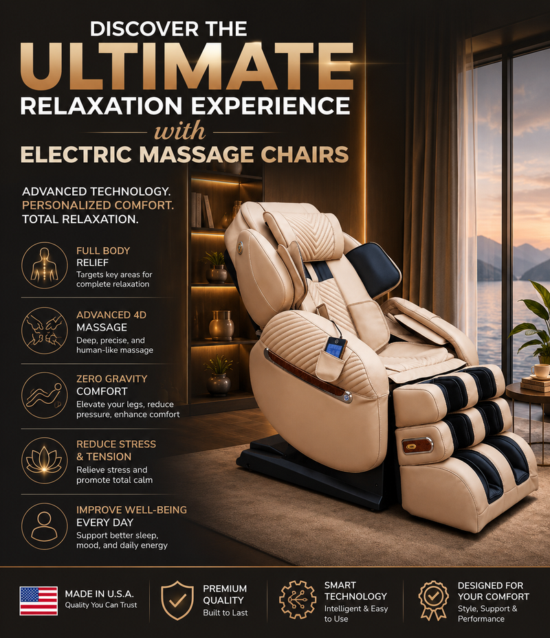 Discover the Ultimate Relaxation Experience with Electric Massage Chairs mobile banner showcasing a premium electric massage chair designed for stress relief, comfort, and everyday wellness.
