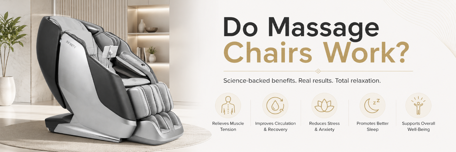 Do massage chairs work? Luxury Infinity massage chair displayed in a modern living room with science-backed benefits including muscle tension relief, improved circulation, stress reduction, and better sleep.